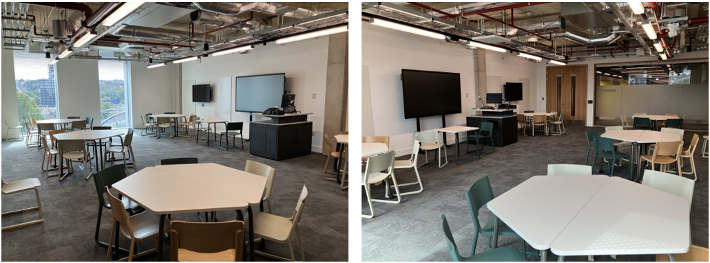 Classroom with table and chairs set up for active learning.
